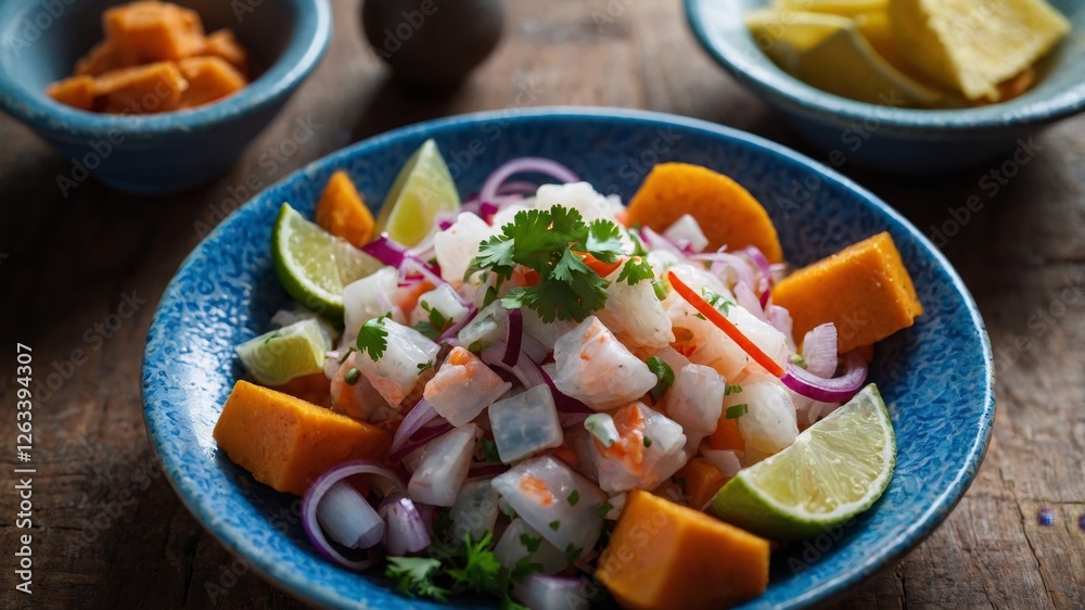 A close picture of a big beautiful blue dish of juicy Peruvian fish ceviche, the camera is set from above. Set indoors over a cozy old wood table surrounded by ingredients like sweet potatoes A close picture of a big beautiful blue dish of juicy Peruvian fish ceviche, the camera is set from above. Set indoors over a cozy old wood table surrounded by ingredients like sweet potatoes