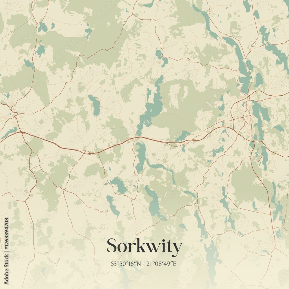 Fototapeta premium Vintage map of Sorkwity, Poland.