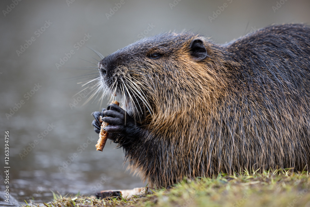 A nutria or coypu (Myocastor coypus) nibbles on a slice of bread on the bank of a pond A nutria or coypu (Myocastor coypus) nibbles on a slice of bread on the bank of a pond