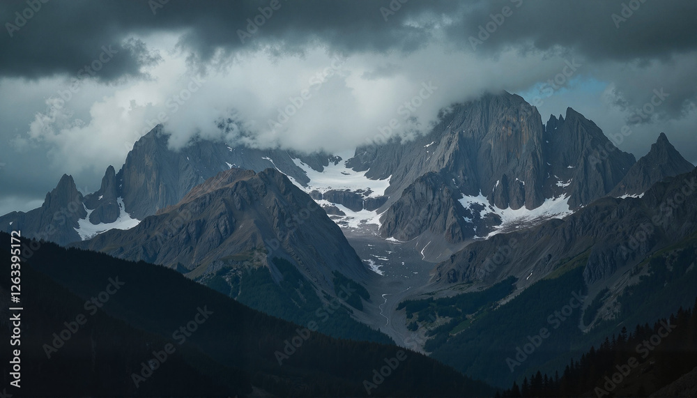 Fototapeta premium Dramatic mountain peaks under stormy clouds, a captivating landscape
