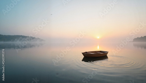 Serene wooden rowboat floating on foggy lake at sunrise, peaceful dawn photo