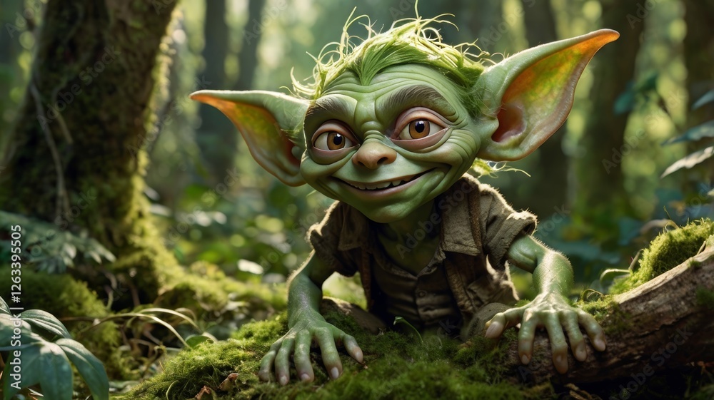 Fototapeta premium A whimsically mischievous goblin, his pointed ears peeking out from a tangle of unkempt, mossy green hair. In a vividly detailed gouache painting, goblin depicted frolicking mystical forest setting