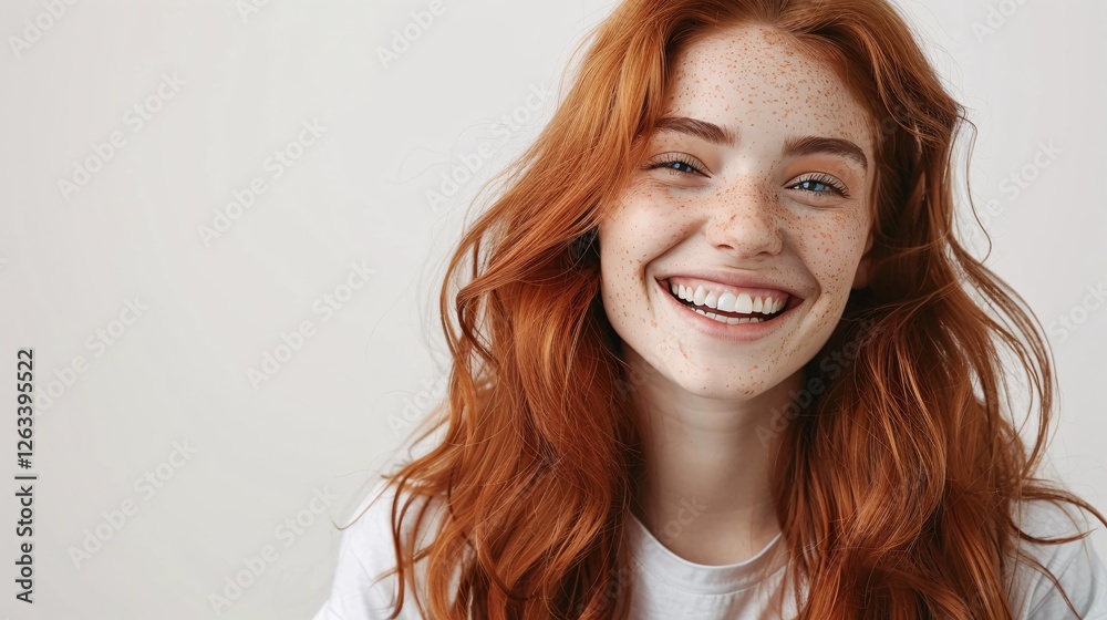 Naklejka premium A woman with red hair is smiling and has her teeth showing