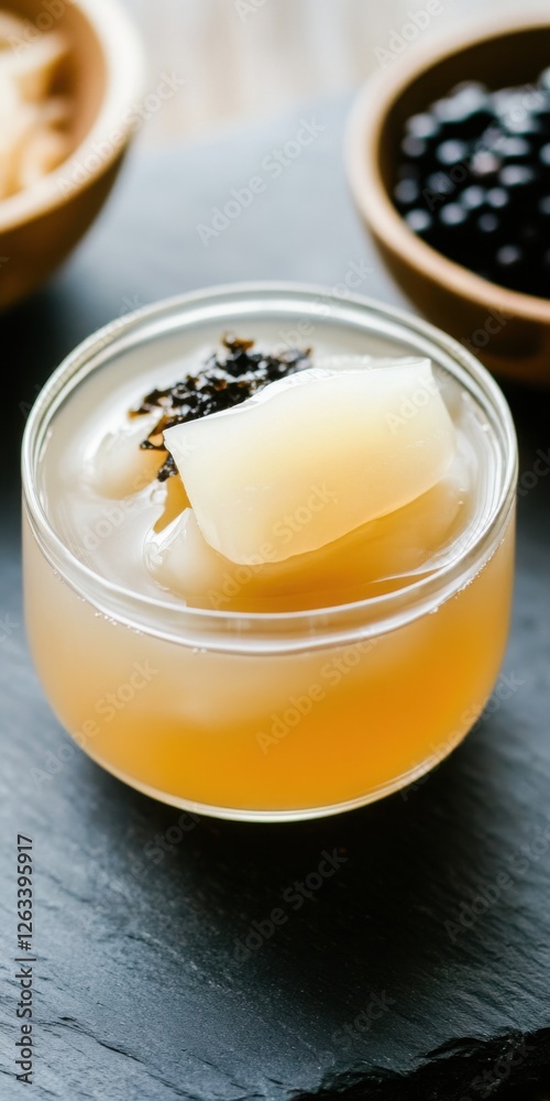 Probiotic infused bone broth served in glass. Sliced daikon radish and pickled seaweed float gracefully Probiotic infused bone broth served in glass. Sliced daikon radish and pickled seaweed float gracefully