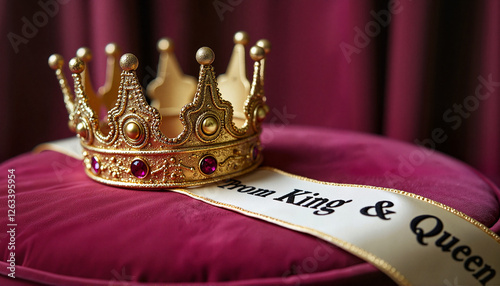 Celebratory crown and sash on velvet cushion, royal prom moment