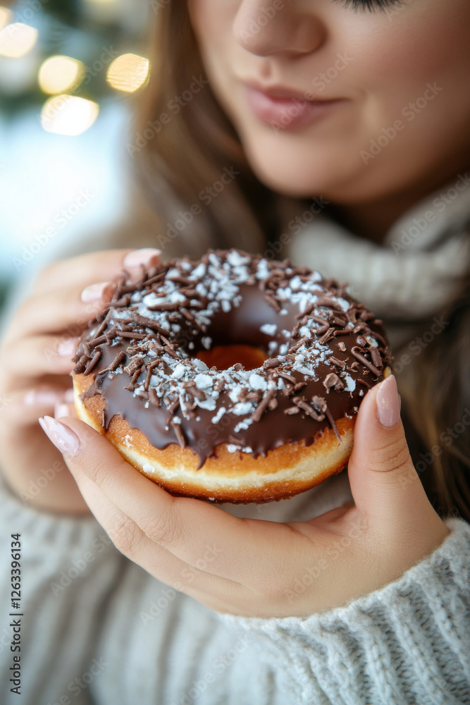 Girl, plus-size, savoring a chocolate-covered donut Girl, plus-size, savoring a chocolate-covered donut