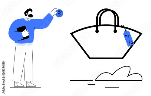 Man with beard holding coin and book while reaching towards large handbag with price tag. Ideal for shopping, finance, retail, online purchase, consumer behavior, e-commerce, spending habits