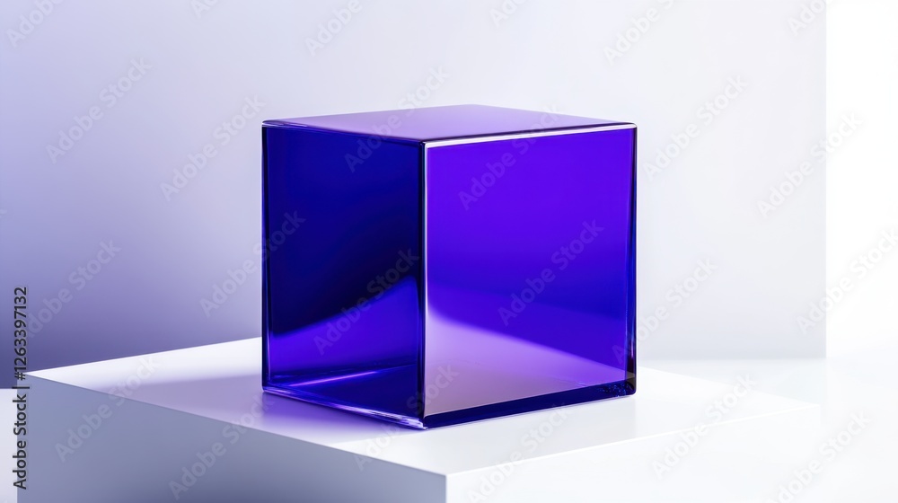A glossy, purple cube sits atop a white cube against a gradient purple background A glossy, purple cube sits atop a white cube against a gradient purple background