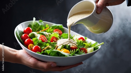 A hand holding a A bright, appetizing salad bowl with fresh green leaves, cherry tomatoes, and colorful vegetables, with a creamy Caesar dressing being poured from small pitcher. Photorealistic style