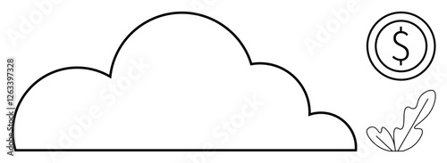 Cloud at center, coin with dollar sign to right, leaf below. Ideal for tech industry, financial growth, digital economy, sustainability, data storage, online transactions modern tech trends
