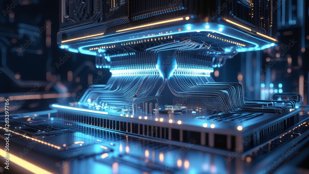Fototapeta premium A glowing, enigmatic quantum computer shrouded in shadows, its intricate circuitry bathed in pulsating lights that hint at untold power and intelligence. This image is a digital artwork