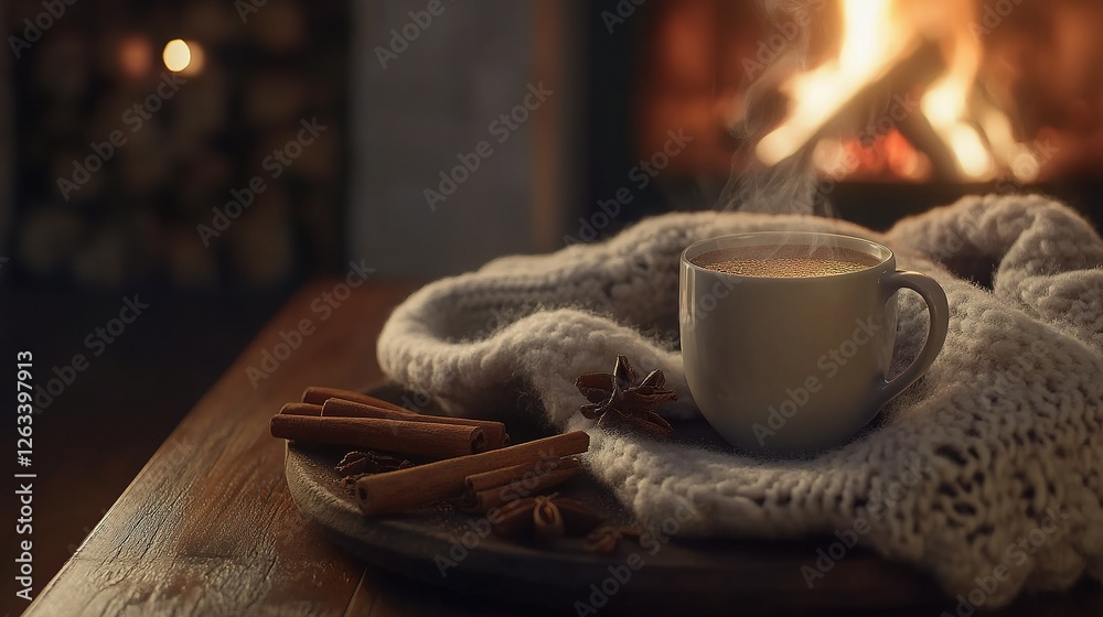 Warm Drink Near Cozy Fireplace With Spices Warm Drink Near Cozy Fireplace With Spices