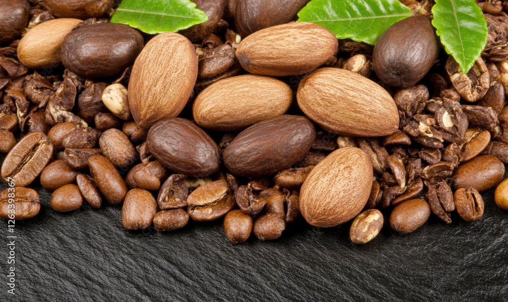 A Natural Collection of Various Coffee Beans, Nuts, and Seeds on a Slate Background with Fresh Green Leaves for Culinary and Food Decoration A Natural Collection of Various Coffee Beans, Nuts, and Seeds on a Slate Background with Fresh Green Leaves for Culinary and Food Decoration