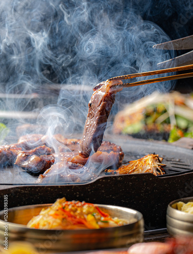 korean grilled meat with vegetables and cut