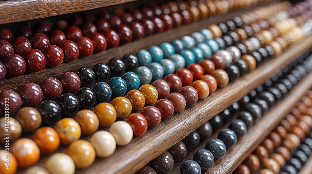 Colorful gemstone beads displayed on wooden shelves. Colorful gemstone beads displayed on wooden shelves.