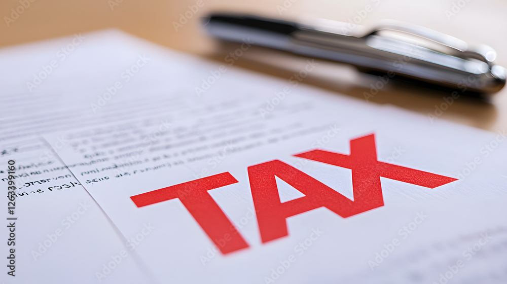 Tax document: a crucial paper for financial planning and compliance, featuring bold red lettering and a pen, emphasizing the importance of fiscal responsibility. Tax document: a crucial paper for financial planning and compliance, featuring bold red lettering and a pen, emphasizing the importance of fiscal responsibility.