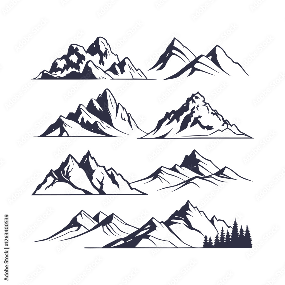Fototapeta premium Adventure Mountain Landscape Silhouettes Vector Clip Art Pack