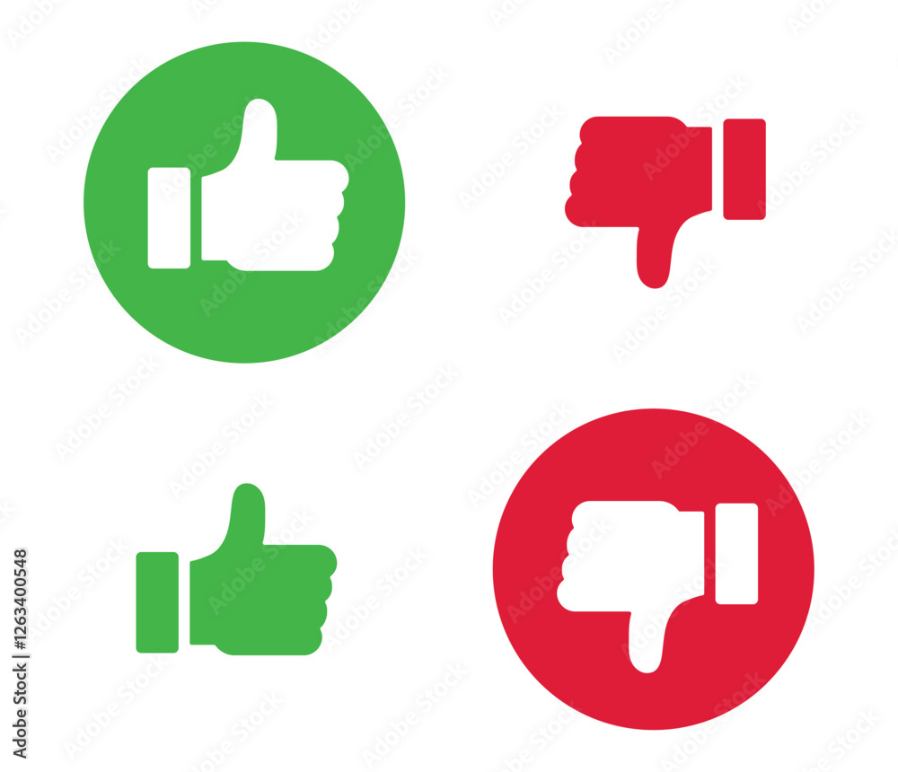 Thumb up and thumbs down flat icons. Vector illustration isolated on white background. Thumb up and thumbs down flat icons. Vector illustration isolated on white background.