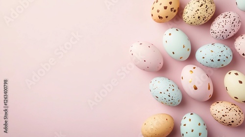 Colorful decorative eggs arranged artistically on a soft pastel background for spring celebration