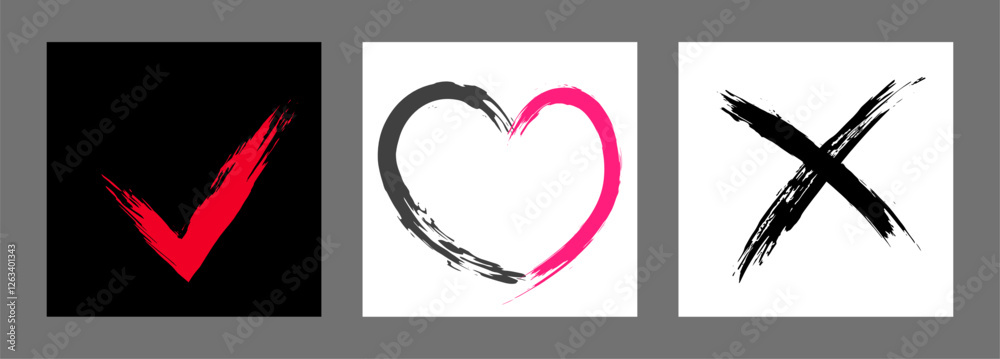 The cross, heart and OK symbol are hand-drawn with a brush. Prohibition, denial, error. Love. Approval, consent. Vector, set of 3 characters The cross, heart and OK symbol are hand-drawn with a brush. Prohibition, denial, error. Love. Approval, consent. Vector, set of 3 characters