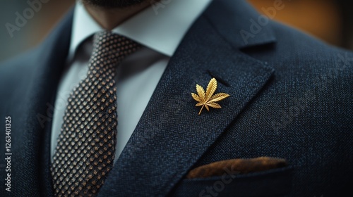 Close-up of an elegant gold lapel pin in the shape of a cannabis leaf. Man wearing a suit with a cannabis leaf tie pin.