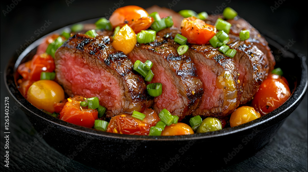 Sliced steak with roasted cherry tomatoes, herbs. Food photography for menus Sliced steak with roasted cherry tomatoes, herbs. Food photography for menus