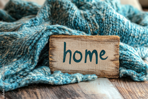 Home decorations in the interior of a letter with an inscription “ home “ on a wooden background in the interior of the bedroom with turquoise blanket