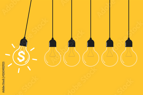 Newton's cradle concept. Hanging light bulbs with dollar sign on yellow background.