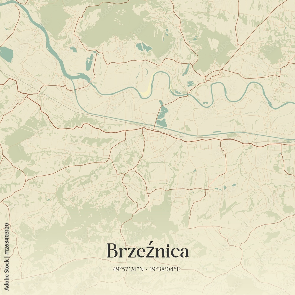 Fototapeta premium Vintage map of Brzeznica, Poland.