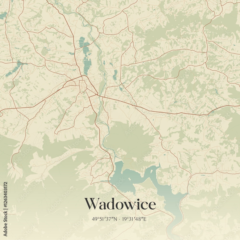Fototapeta premium Vintage map of Wadowice, Poland.
