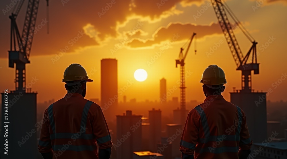 Two construction professionals in safety vests and helmets stand against a rising sun, surveying an urban skyline.
