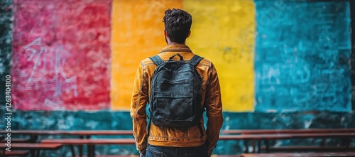 Man with backpack facing colorful graffiti wall.