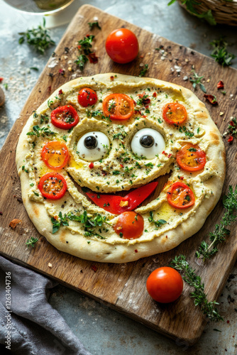 A smiling flatbread loaded with hummus and veggies, posing like a pizza