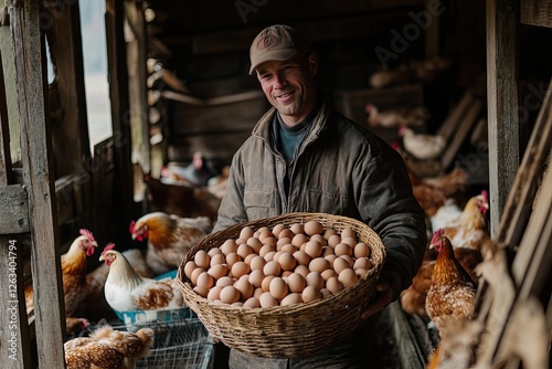 A farmer carrying a basket of fresh eggs from a chicken coop