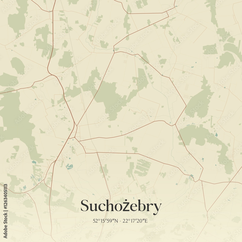 Fototapeta premium Vintage map of Suchozebry, Poland.