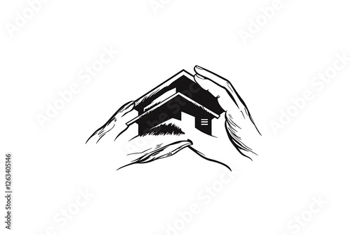 Minimalistic logo depicting two hands holding the roof and walls of a house, vector style on a white background.