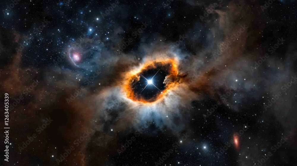 Naklejka premium A breathtaking view of a nebula illuminated by a bright star at its center, surrounded by colorful gas and dust. This celestial formation showcases the beauty of the universe