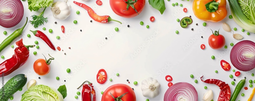 A white background with a variety of vegetables including tomatoes, onions A white background with a variety of vegetables including tomatoes, onions