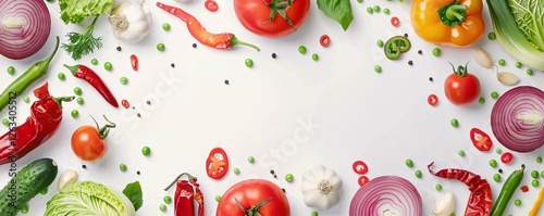 A white background with a variety of vegetables including tomatoes, onions