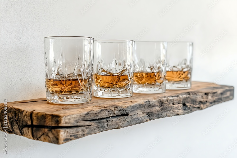 Whiskey glasses on a tray placed on a wooden shelf with a white background. Whiskey glasses on a tray placed on a wooden shelf with a white background.