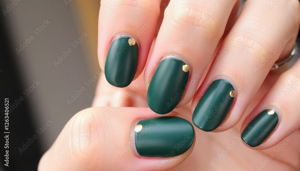 Green matte nails with gold accents on stylish background Green matte nails with gold accents on stylish background