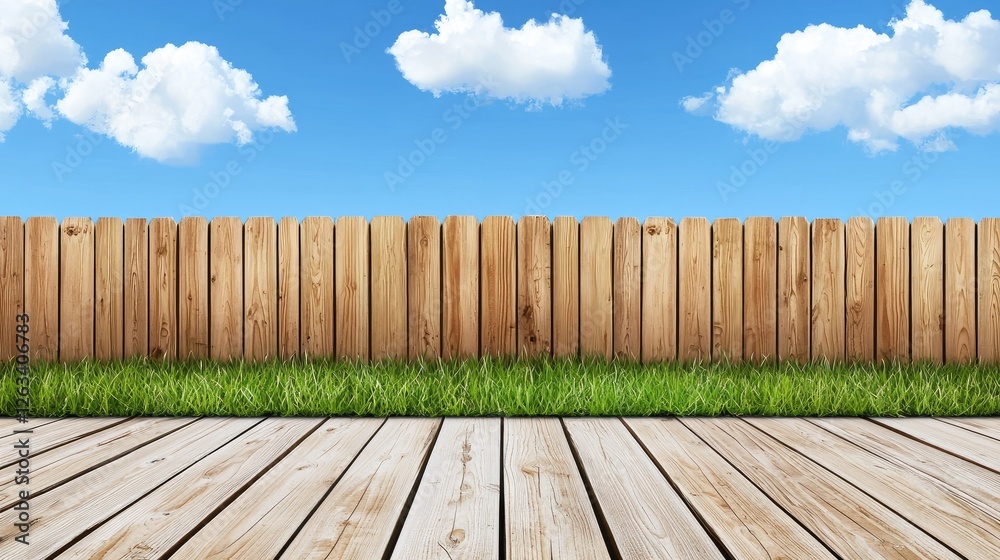 Fototapeta premium Wooden fence, grassy yard, deck, sunny sky. Background ideal for home improvement