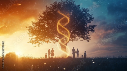 Family silhouetted against tree, DNA helix glows.