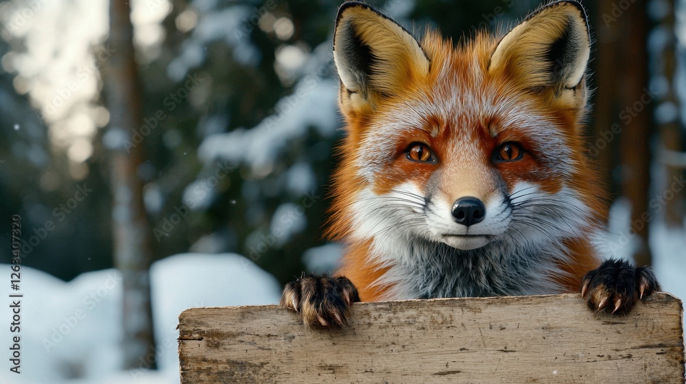 Obraz premium A red fox stands on its hind legs, peering over a weathered wooden sign in a snowy forest. The surroundings are peaceful, with snow-covered trees in the background and soft light filtering through