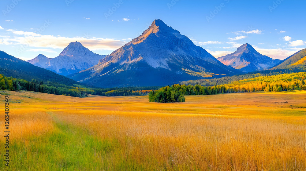 Golden autumn meadow, majestic peaks, clear sky, scenic valley