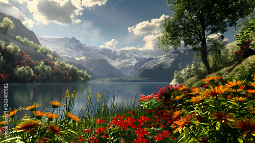 Vibrant lakeside landscape with colorful flowers, majestic mountains, and serene water reflections