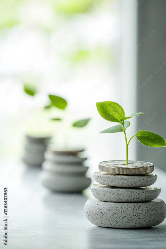 Obraz premium Exploring the Harmony of Nature and Design: A Minimalist Approach with Green Plants and Elegant Stones for Serene Home Decor