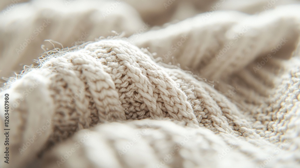 A detailed close-up of a knitted fabric displaying intricate patterns and softness. The warm, neutral colors create a cozy and inviting atmosphere, perfect for autumn evenings A detailed close-up of a knitted fabric displaying intricate patterns and softness. The warm, neutral colors create a cozy and inviting atmosphere, perfect for autumn evenings