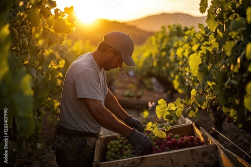 A farmer picking fresh fruit in an orchard at golden hour