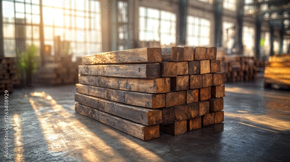 Compact stack of polished wooden beams in an industrial setting with sunlight exposure Compact stack of polished wooden beams in an industrial setting with sunlight exposure